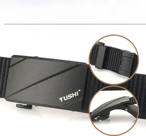 Close-up of black nylon tactical belt featuring matte alloy automatic buckle with logo