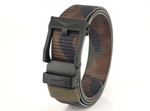 Detail of camouflaged nylon tactical belt with a matte black automatic sliding buckle