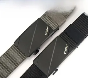 Macro detail of military green and black tactical nylon belts with matte alloy buckles