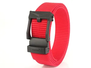 Macro view of a red nylon tactical belt with a black automatic slide buckle and woven texture
