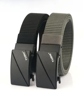 Detail of nylon belts in black and army green with textured alloy automatic buckles