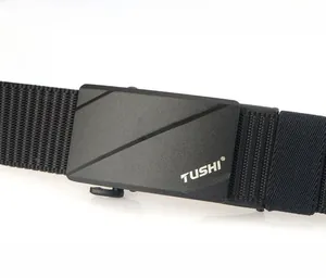 Detailed macro view of the matte zinc alloy buckle and durable black nylon woven strap