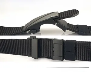Detail view of adjustable nylon tactical belt with alloy buckle and woven texture