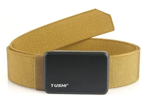 Detail of khaki tactical nylon belt showing heavy-duty black alloy quick-release buckle