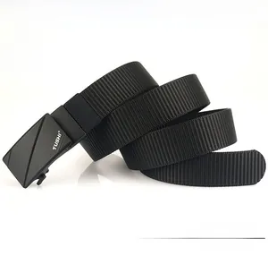 Macro detail of high-density black nylon web belt with alloy automatic buckle