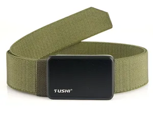 Detail of army green nylon tactical belt with a matte black metal buckle and TUSHI logo
