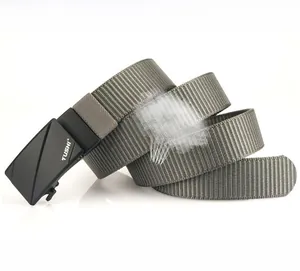 Close-up of tactical nylon belt with zinc alloy buckle and durable woven texture