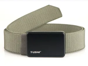 Close-up of military green nylon tactical belt featuring a matte black metal buckle