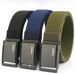 Three men's stretch nylon belts in black, navy and olive green with matte buckles