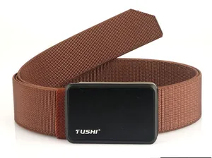 Close-up of the woven brown nylon strap and black brushed metal buckle of the tactical belt