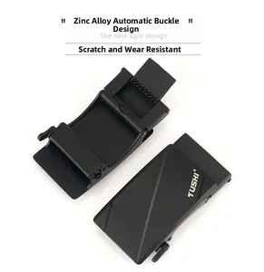 Detail of matte black zinc alloy automatic buckle with TUSHI logo for nylon belts