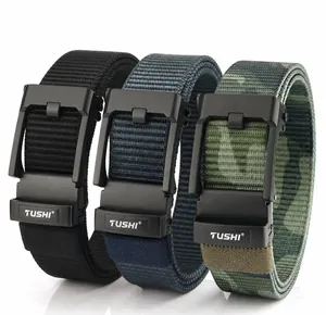 Three men's nylon tactical belts in black, navy, and camouflage with metal automatic buckles