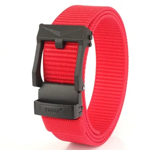 Men's red nylon tactical belt with black automatic ratchet buckle for golf and casual jeans