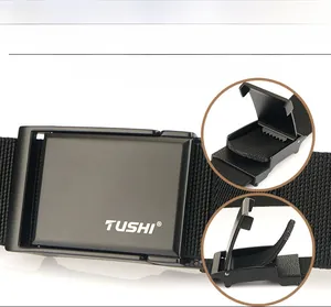 Detail of nylon tactical belt featuring a matte black zinc alloy press buckle closure