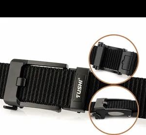 Detail of the tactical nylon belt showing the matte black automatic buckle and woven texture