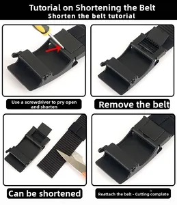 Step-by-step guide showing how to trim the black nylon belt with alloy automatic buckle