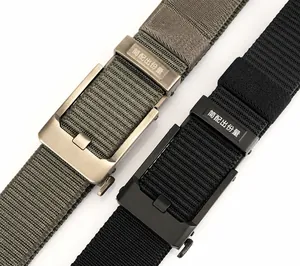 Detailed view of heavy-duty nylon webbing belts with brushed metal automatic buckles