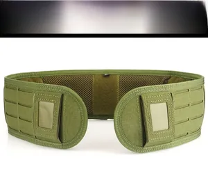 Detail of army green tactical Molle waist belt with breathable mesh and nylon webbing