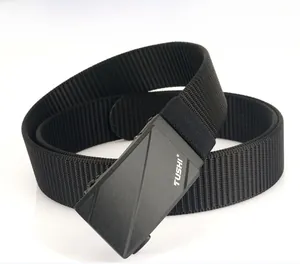 Close-up of black nylon tactical belt with matte alloy automatic buckle and textured strap