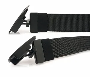 Close-up of black nylon belt with zinc alloy quick release buckle and push-button design