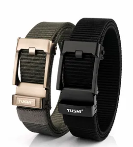 Detail of dark gray and black nylon belts with metal automatic buckles showing texture