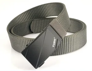 Detail of high-density nylon tactical belt with matte black automatic buckle