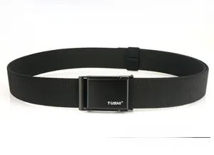 Close-up of black nylon web belt featuring a durable metal quick-release buckle with TUSHI logo