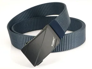 Detailed view of the dark blue nylon tactical belt with a black matte alloy buckle