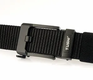 Detail of durable nylon tactical belt with zinc alloy quick-release matte buckle