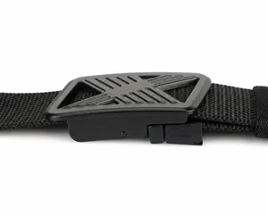 Detail view of tactical nylon belt with matte alloy buckle and adjustable locking system