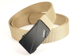 Detail of khaki nylon tactical belt with black matte automatic metal buckle and woven texture