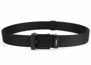 Close-up of durable black nylon tactical belt with a metallic automatic buckle detail