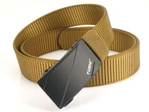 Detail of khaki nylon tactical belt showing the durable weave and black matte buckle