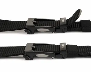 Detail of adjustable black alloy buckle on durable nylon tactical belt for men