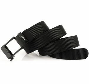 Detail view of the thick woven nylon strap texture and black smooth automatic belt buckle