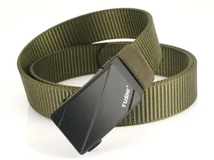 Close-up of military green nylon tactical belt with black matte automatic buckle and logo
