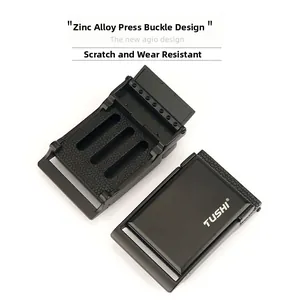Detail of zinc alloy press buckle with TUSHI brand logo and internal gear structure