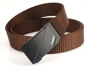 Detail of nylon belt showing dark brown woven texture and matte alloy buckle