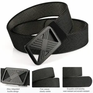 Detail view of durable black nylon tactical belt with ergonomic quick-release buckle