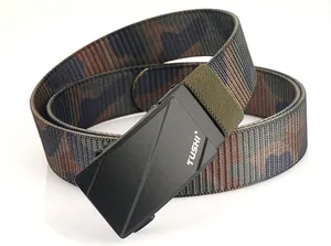 Detail of jungle camo nylon webbing and black alloy automatic buckle on tactical belt