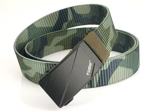 Close-up of camouflage nylon tactical belt with matte black alloy automatic buckle
