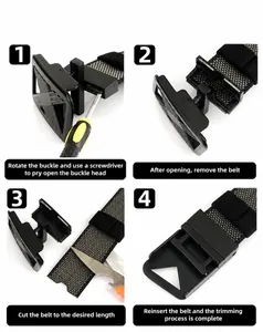 Detail guide showing how to trim and adjust the nylon belt length with buckle