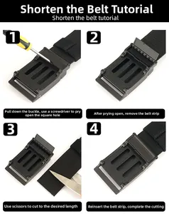 Instructional guide for adjusting nylon belt length showing buckle removal and cutting steps