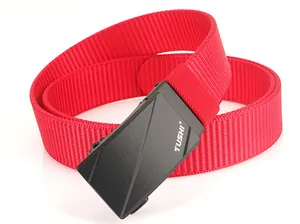 Macro detail of high-density red nylon woven belt with black matte automatic buckle