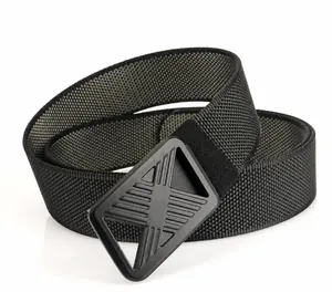 Detail of black nylon woven belt with a matte geometric hollow metal buckle design