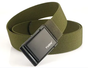 Detail of army green nylon canvas belt with a black matte automatic metal buckle