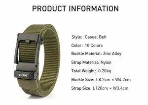 Detail view of military green nylon belt with black zinc alloy buckle and size dimensions