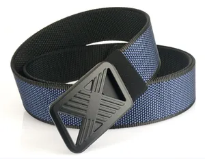 Detail of high-density nylon tactical belt featuring blue diamond pattern and matte buckle