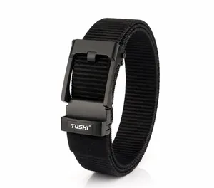 Detail of matte black automatic buckle with logo on a durable nylon tactical belt