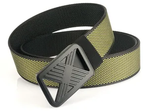 Close-up of tactical nylon web belt with matte black buckle and green grid texture